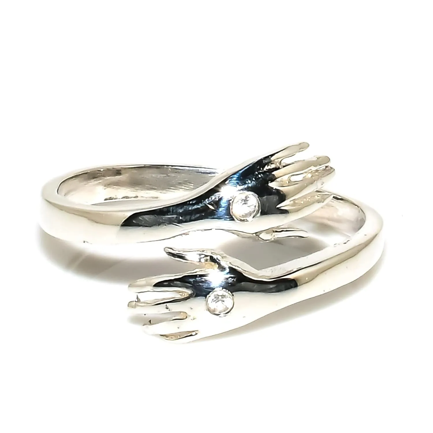 Hugging Love Rings | Natural Diamond Gemstone Signet Promise Rings For Men & Woman | Statement Stackable Band For Couple | 925 Sterling Silver Hand Shake Ring (Yellow Gold Plated, 9)