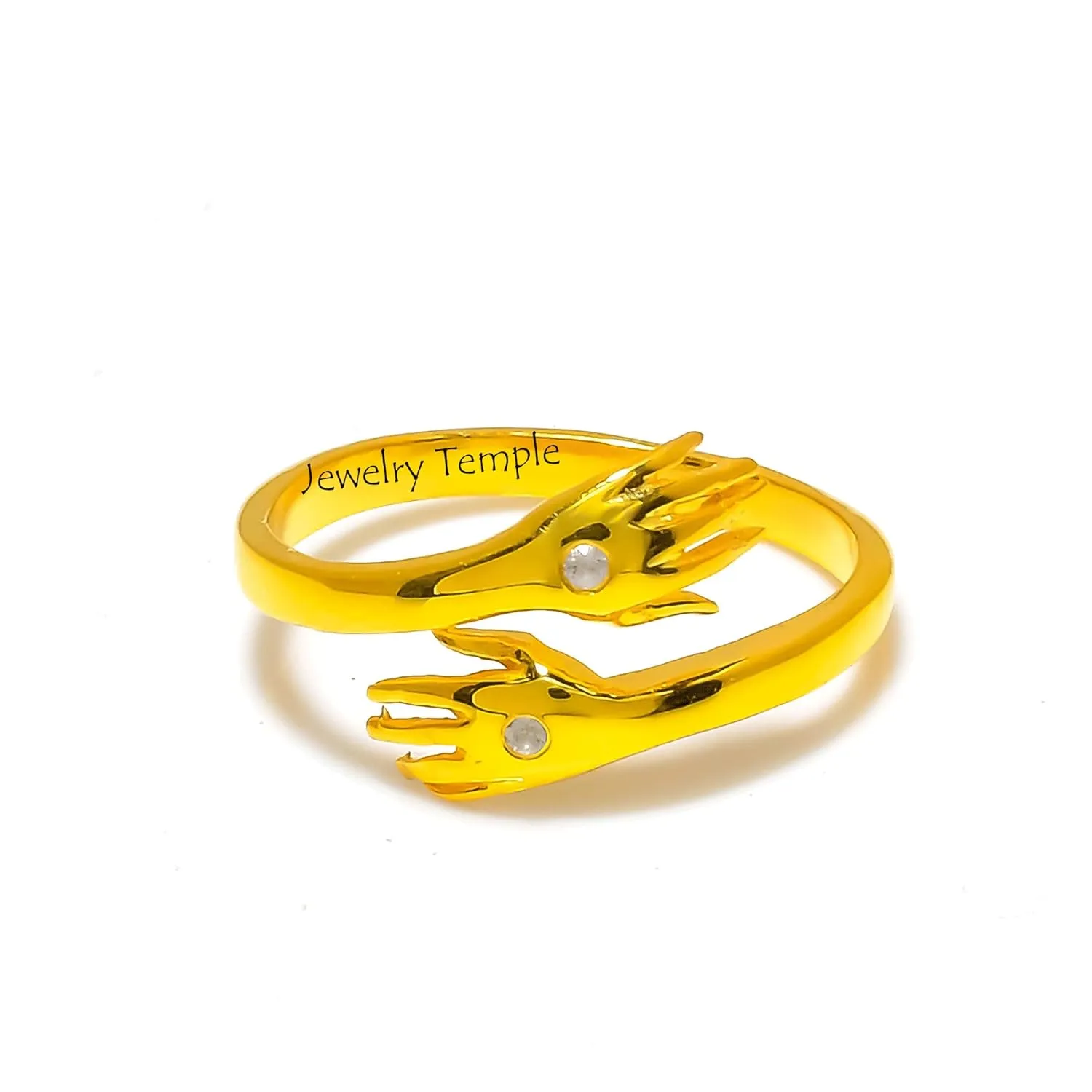 Hugging Love Rings | Natural Diamond Gemstone Signet Promise Rings For Men & Woman | Statement Stackable Band For Couple | 925 Sterling Silver Hand Shake Ring (Yellow Gold Plated, 9)