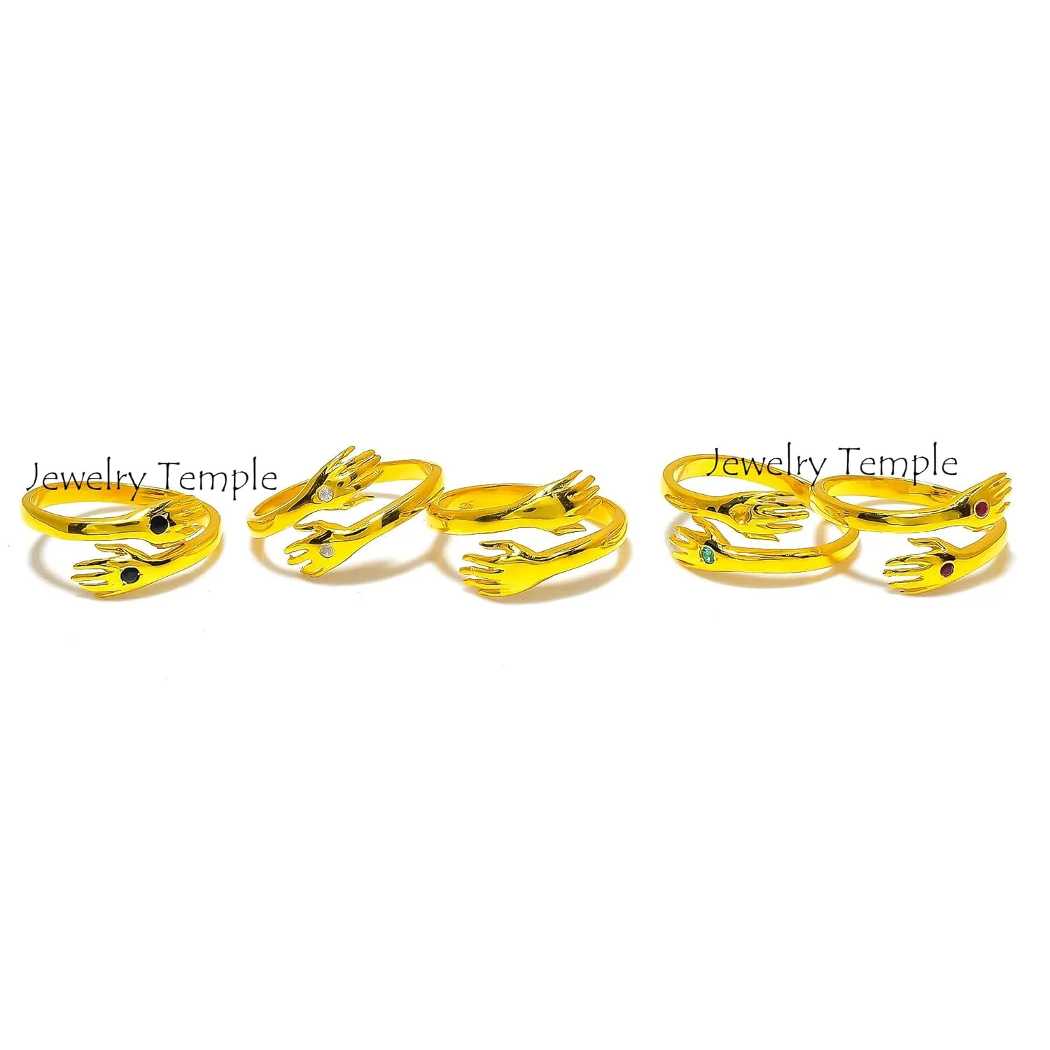 Hugging Love Rings | Natural Diamond Gemstone Signet Promise Rings For Men & Woman | Statement Stackable Band For Couple | 925 Sterling Silver Hand Shake Ring (Yellow Gold Plated, 9)