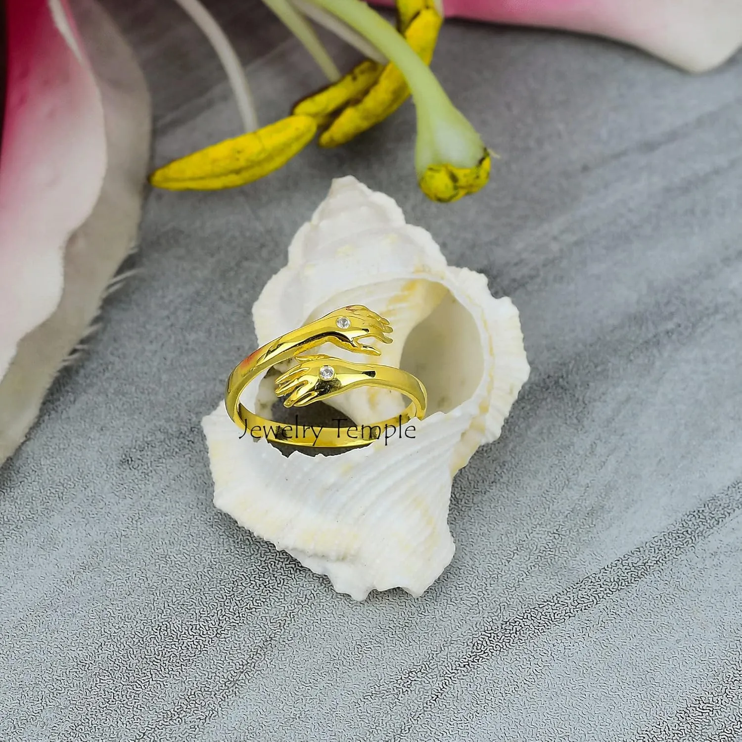 Hugging Love Rings | Natural Diamond Gemstone Signet Promise Rings For Men & Woman | Statement Stackable Band For Couple | 925 Sterling Silver Hand Shake Ring (Yellow Gold Plated, 9)