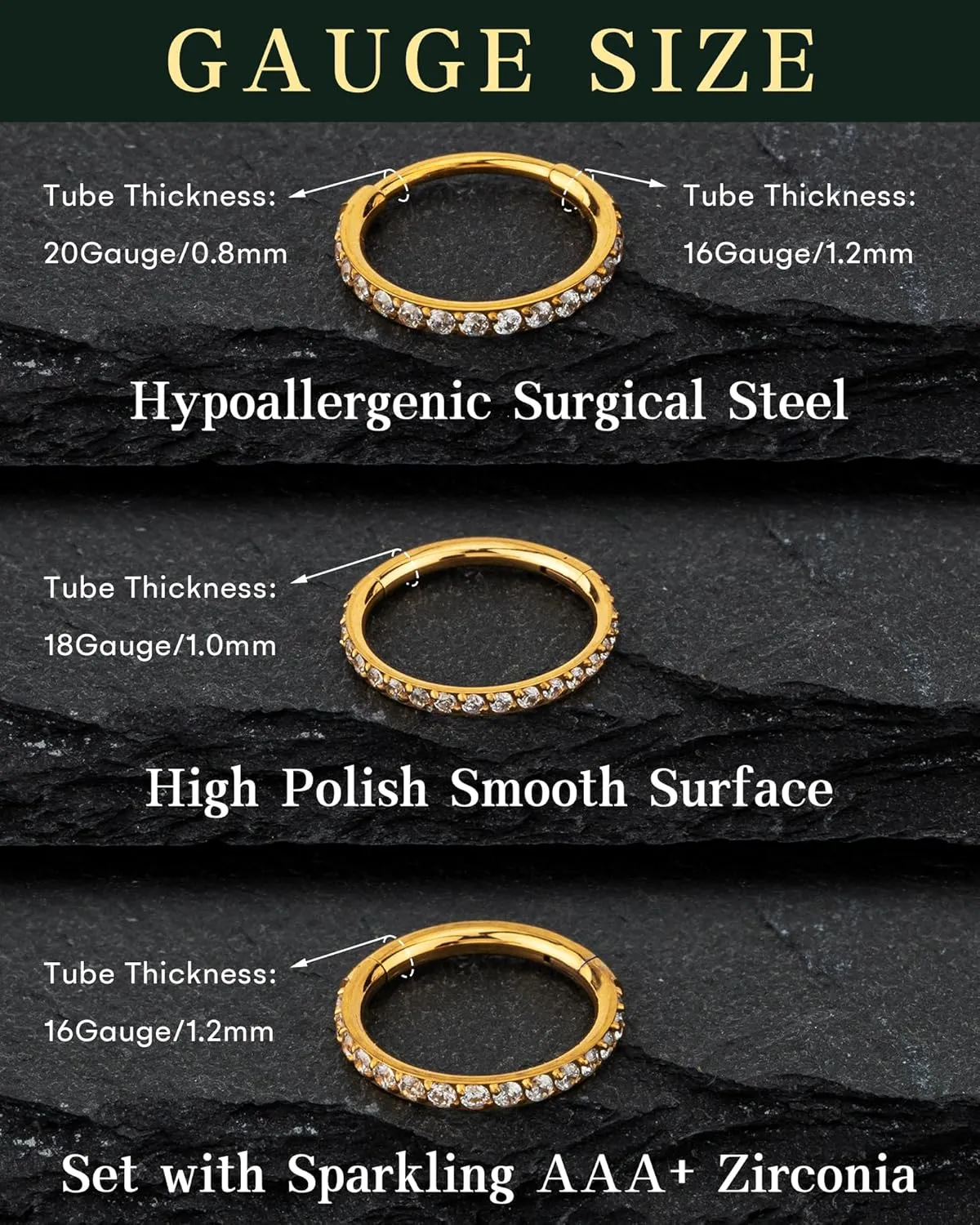 Hypoallergenic 14K Gold Plated Nose Rings Hoops - 18G Surgical Steel Cartilage Earrings Septum Jewelry Hinged Segment Ring CZ Paved Lip Conch Rook Helix Lobe Body Piercing 10MM