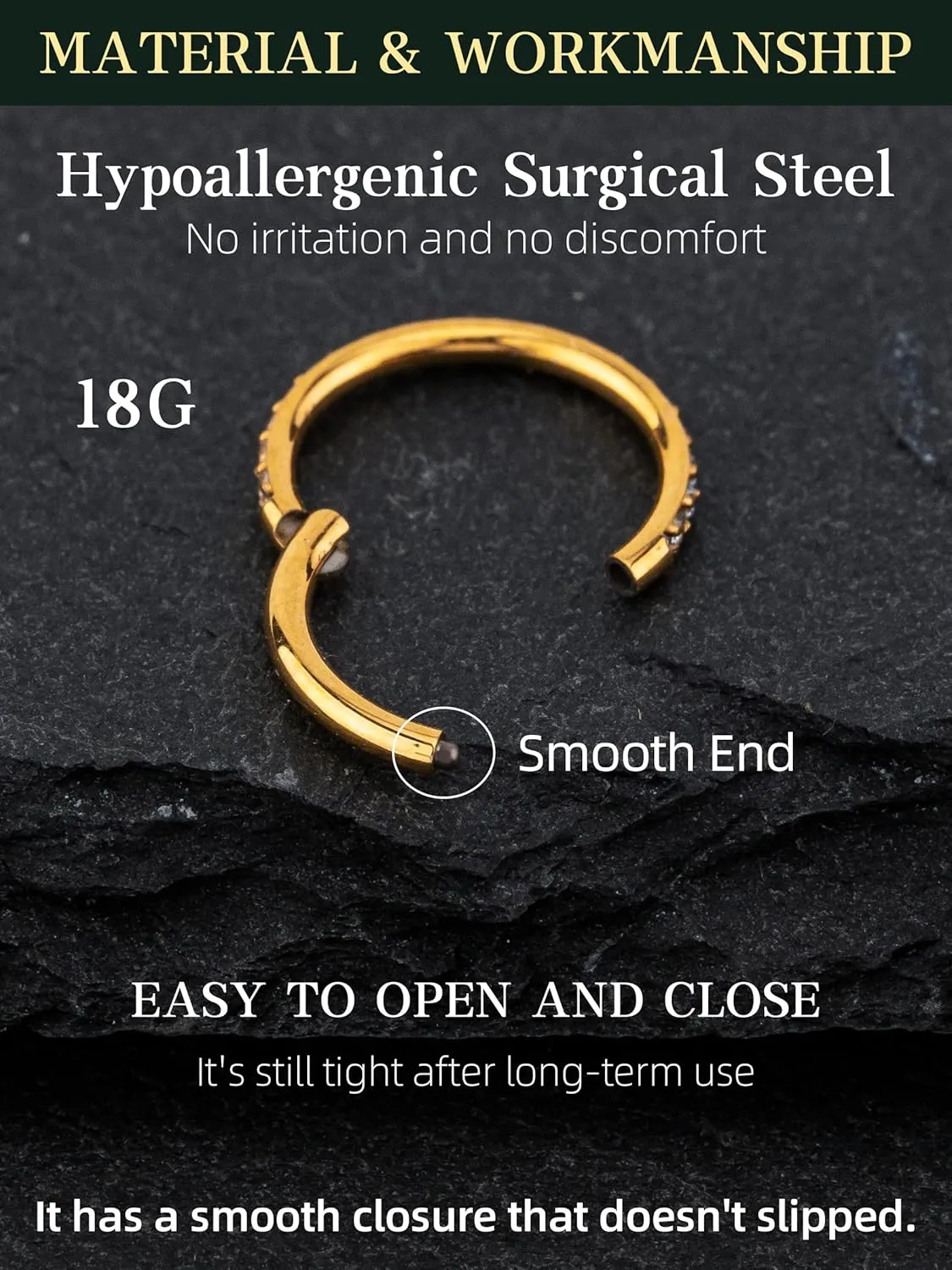 Hypoallergenic 14K Gold Plated Nose Rings Hoops - 18G Surgical Steel Cartilage Earrings Septum Jewelry Hinged Segment Ring CZ Paved Lip Conch Rook Helix Lobe Body Piercing 10MM