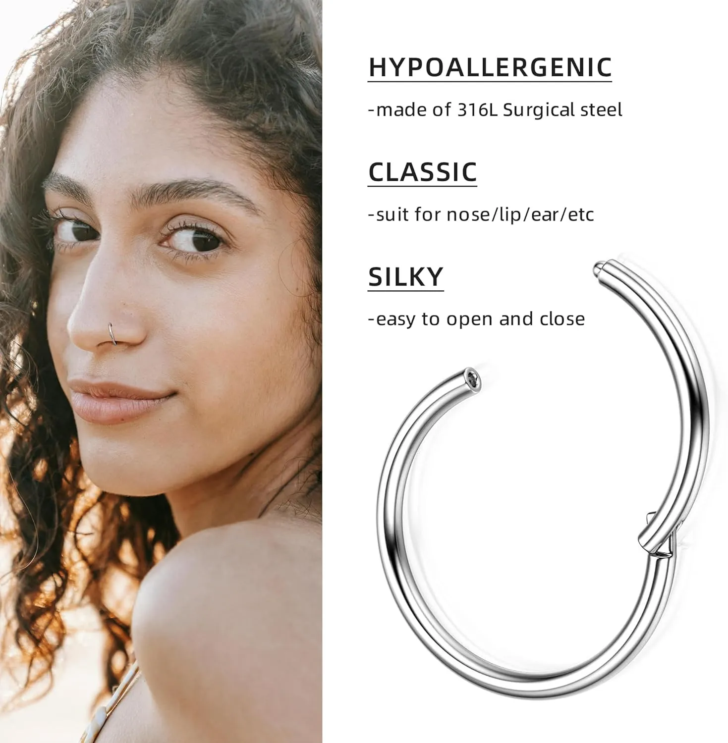 Hypoallergenic ANNGEE Nose Piercing Rings Collection: 316L Surgical Steel Hoop Earrings for Septum, Cartilage, Hinged Helix, Rook, Conch, Tragus, Lip