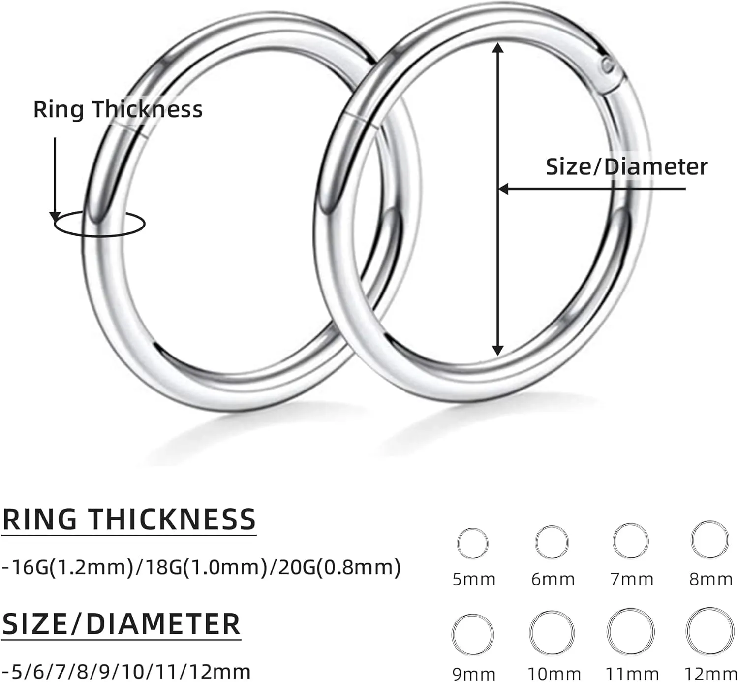 Hypoallergenic ANNGEE Nose Piercing Rings Collection: 316L Surgical Steel Hoop Earrings for Septum, Cartilage, Hinged Helix, Rook, Conch, Tragus, Lip