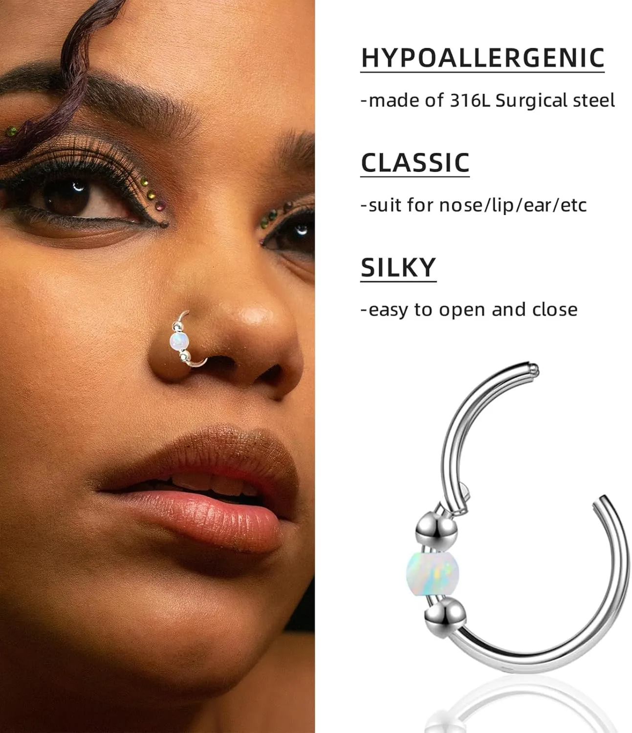 Hypoallergenic Nose Piercing Rings Collection: 316L Surgical Steel Hoop Earrings for Septum, Cartilage, Hinged Helix, Rook, Conch, Tragus, Lip