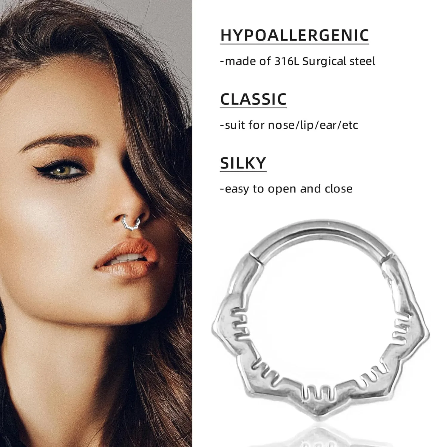 Hypoallergenic Nose Piercing Rings Collection: 316L Surgical Steel Hoop Earrings for Septum, Cartilage, Hinged Helix, Rook, Conch, Tragus, Lip