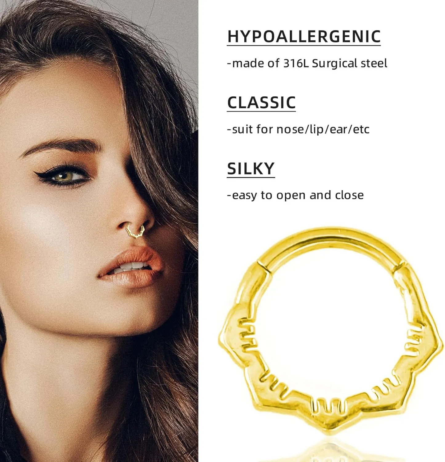 Hypoallergenic Nose Piercing Rings Collection: 316L Surgical Steel Hoop Earrings for Septum, Cartilage, Hinged Helix, Rook, Conch, Tragus, Lip