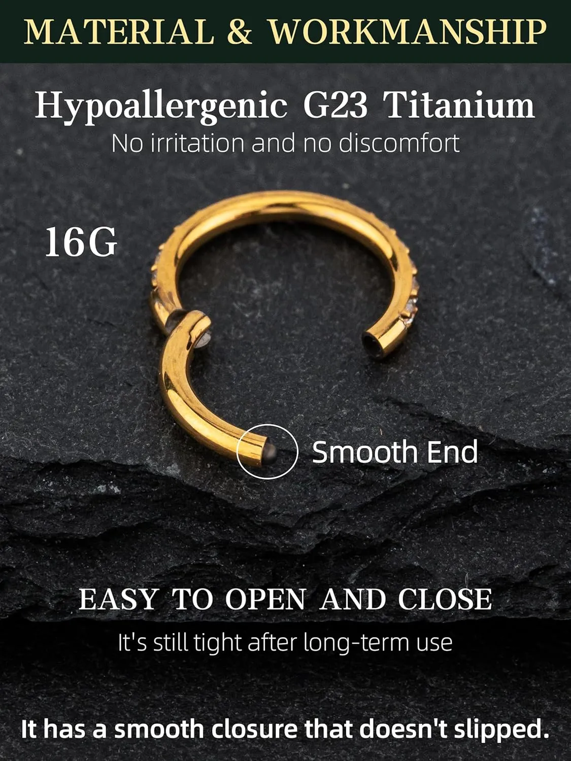 Hypoallergenic Nose Rings Hoops - 20G 18G 16G G23 Titanium Cartilage Earrings Septum Jewelry Hinged Segment Ring CZ Paved Lip Conch Daith Rook Helix Tragus Lobe Snug Body Piercing 6/7/8/9/10MM