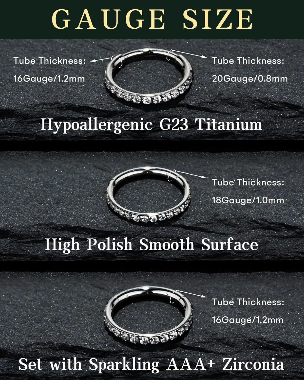 Hypoallergenic Nose Rings Hoops - 20G 18G 16G G23 Titanium Cartilage Earrings Septum Jewelry Hinged Segment Ring CZ Paved Lip Conch Daith Rook Helix Tragus Lobe Snug Body Piercing 6/7/8/9/10MM
