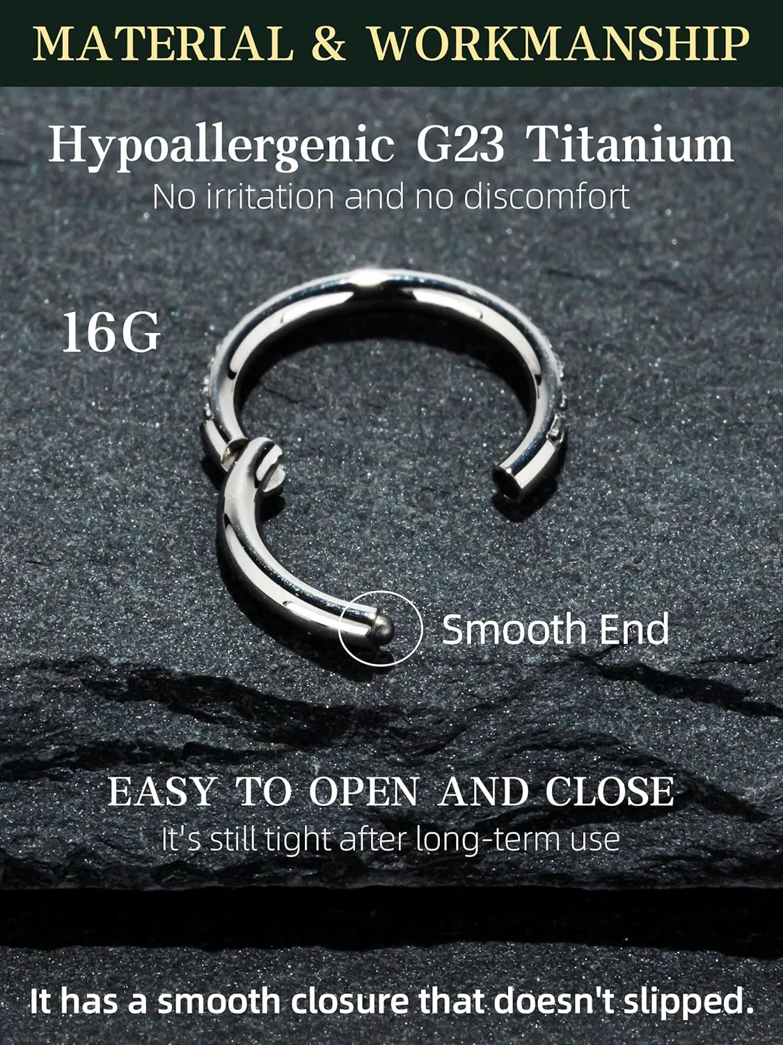 Hypoallergenic Nose Rings Hoops - 20G 18G 16G G23 Titanium Cartilage Earrings Septum Jewelry Hinged Segment Ring CZ Paved Lip Conch Daith Rook Helix Tragus Lobe Snug Body Piercing 6/7/8/9/10MM