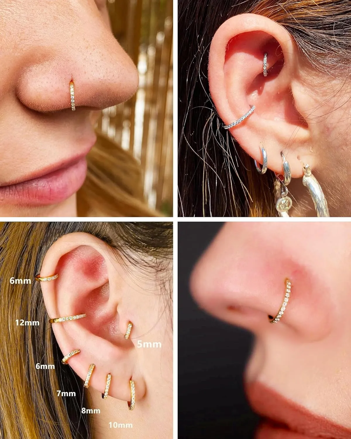 Hypoallergenic Nose Rings Hoops - 20G 18G 16G G23 Titanium Cartilage Earrings Septum Jewelry Hinged Segment Ring CZ Paved Lip Conch Daith Rook Helix Tragus Lobe Snug Body Piercing 6/7/8/9/10MM