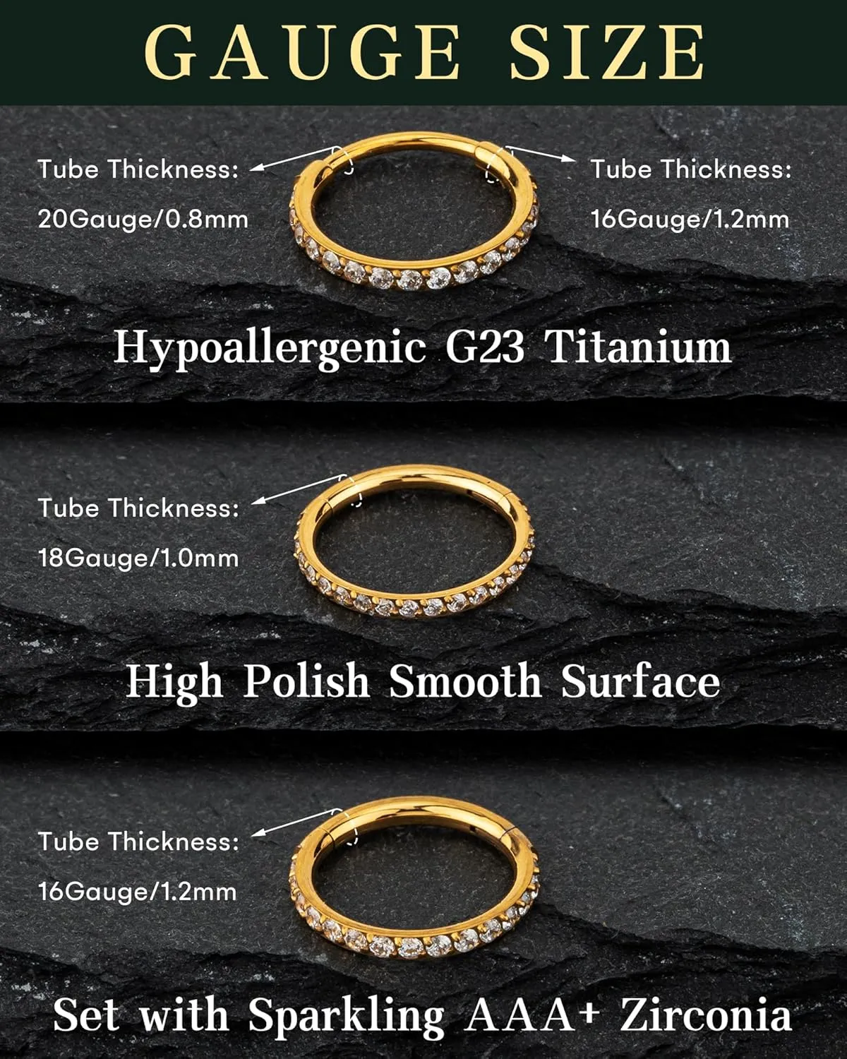 Hypoallergenic Nose Rings Hoops - 20G 18G 16G G23 Titanium Cartilage Earrings Septum Jewelry Hinged Segment Ring CZ Paved Lip Conch Daith Rook Helix Tragus Lobe Snug Body Piercing 6/7/8/9/10MM