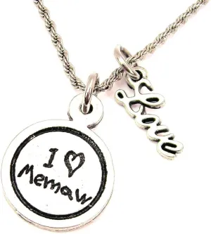 I Love Memaw in school age Handwriting Stainless Steel Rope Chain Necklace With White Crystal Accent