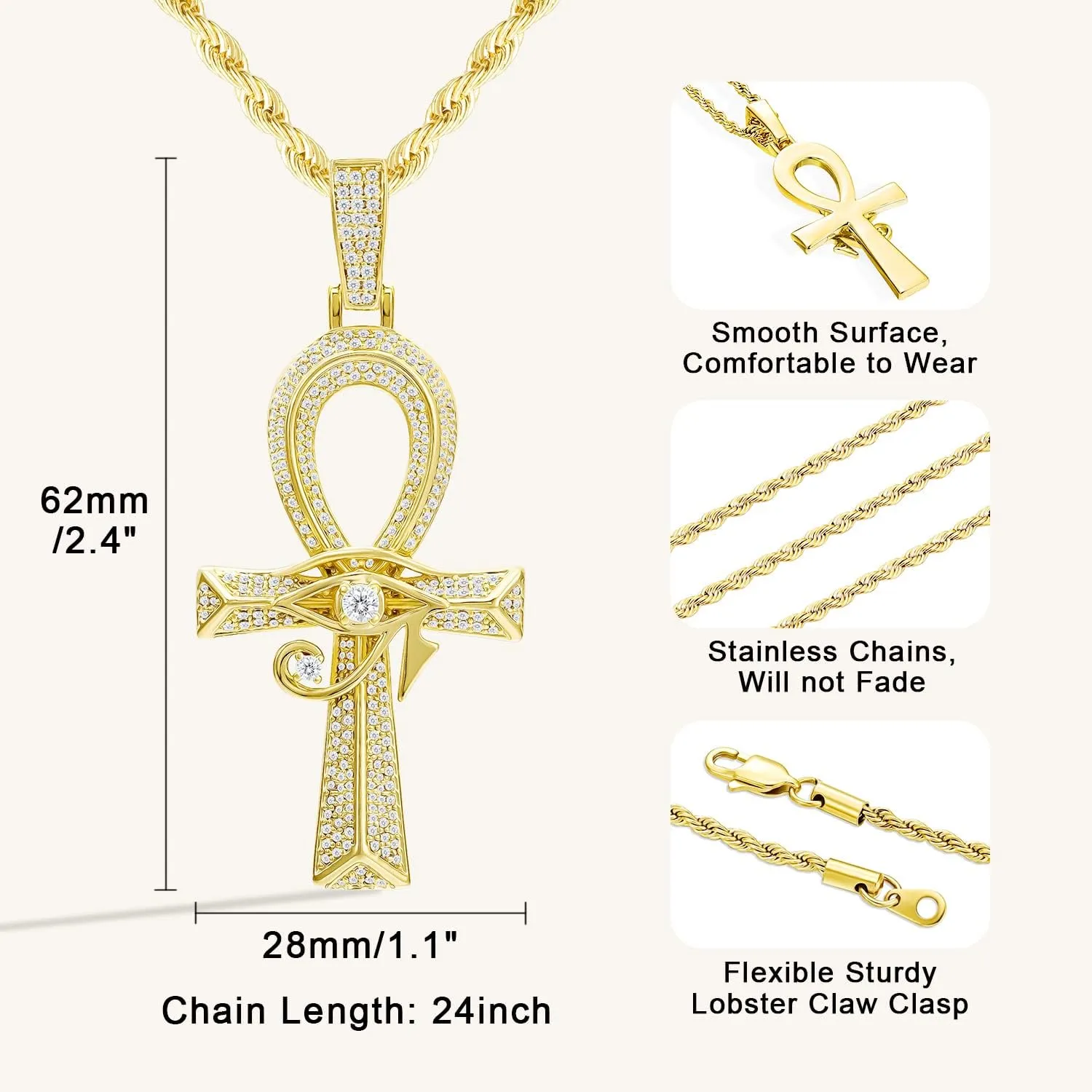 Iced Out Eye of Horus Ankh Cross Pendant Ancient Egyptian Necklace Chain 14K Gold White Gold Plated Protection Jewelry for Men Women with Stainless Rope Chain