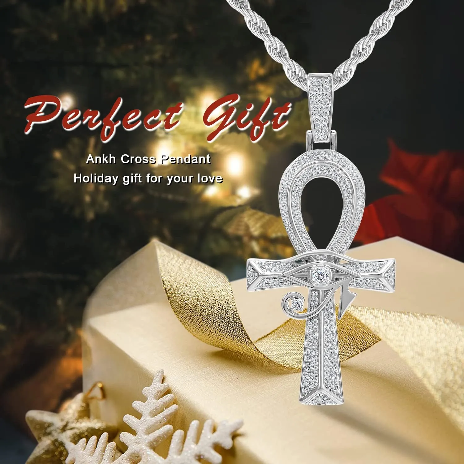 Iced Out Eye of Horus Ankh Cross Pendant Ancient Egyptian Necklace Chain 14K Gold White Gold Plated Protection Jewelry for Men Women with Stainless Rope Chain