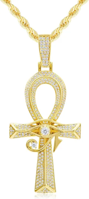 Iced Out Eye of Horus Ankh Cross Pendant Ancient Egyptian Necklace Chain 14K Gold White Gold Plated Protection Jewelry for Men Women with Stainless Rope Chain