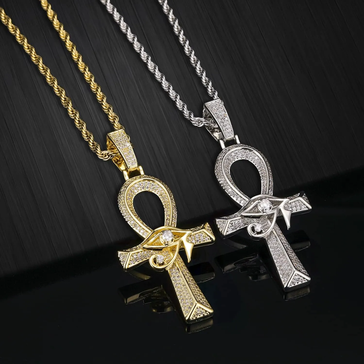 Iced Out Eye of Horus Ankh Cross Pendant Ancient Egyptian Necklace Chain 14K Gold White Gold Plated Protection Jewelry for Men Women with Stainless Rope Chain
