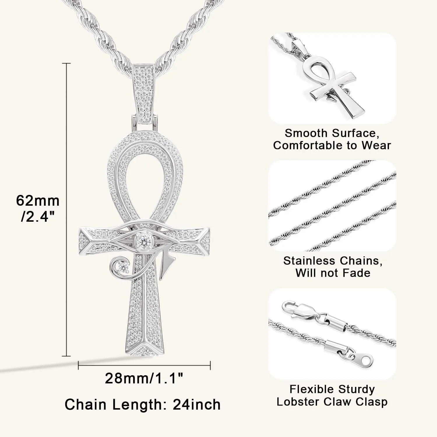 Iced Out Eye of Horus Ankh Cross Pendant Ancient Egyptian Necklace Chain 14K Gold White Gold Plated Protection Jewelry for Men Women with Stainless Rope Chain