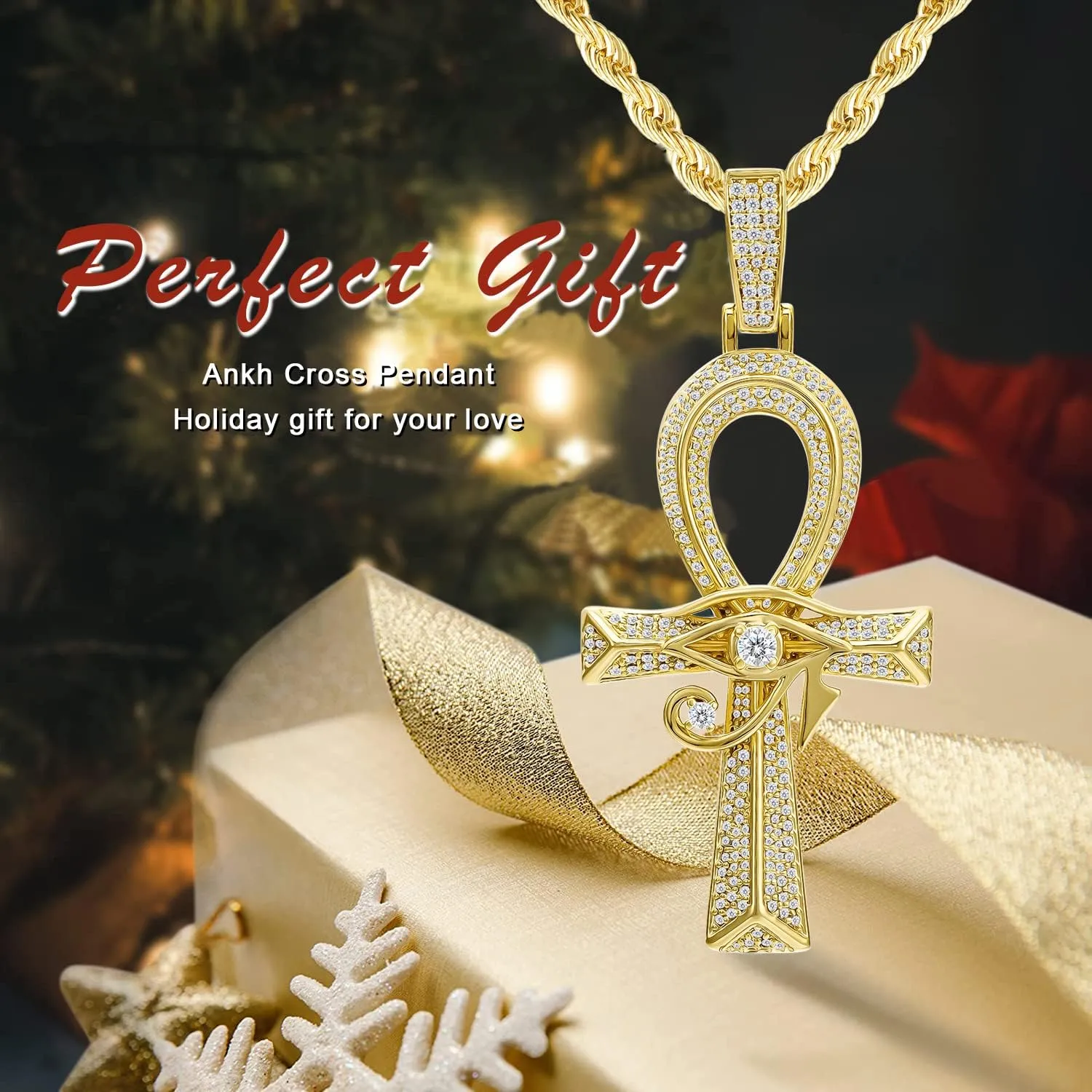 Iced Out Eye of Horus Ankh Cross Pendant Ancient Egyptian Necklace Chain 14K Gold White Gold Plated Protection Jewelry for Men Women with Stainless Rope Chain
