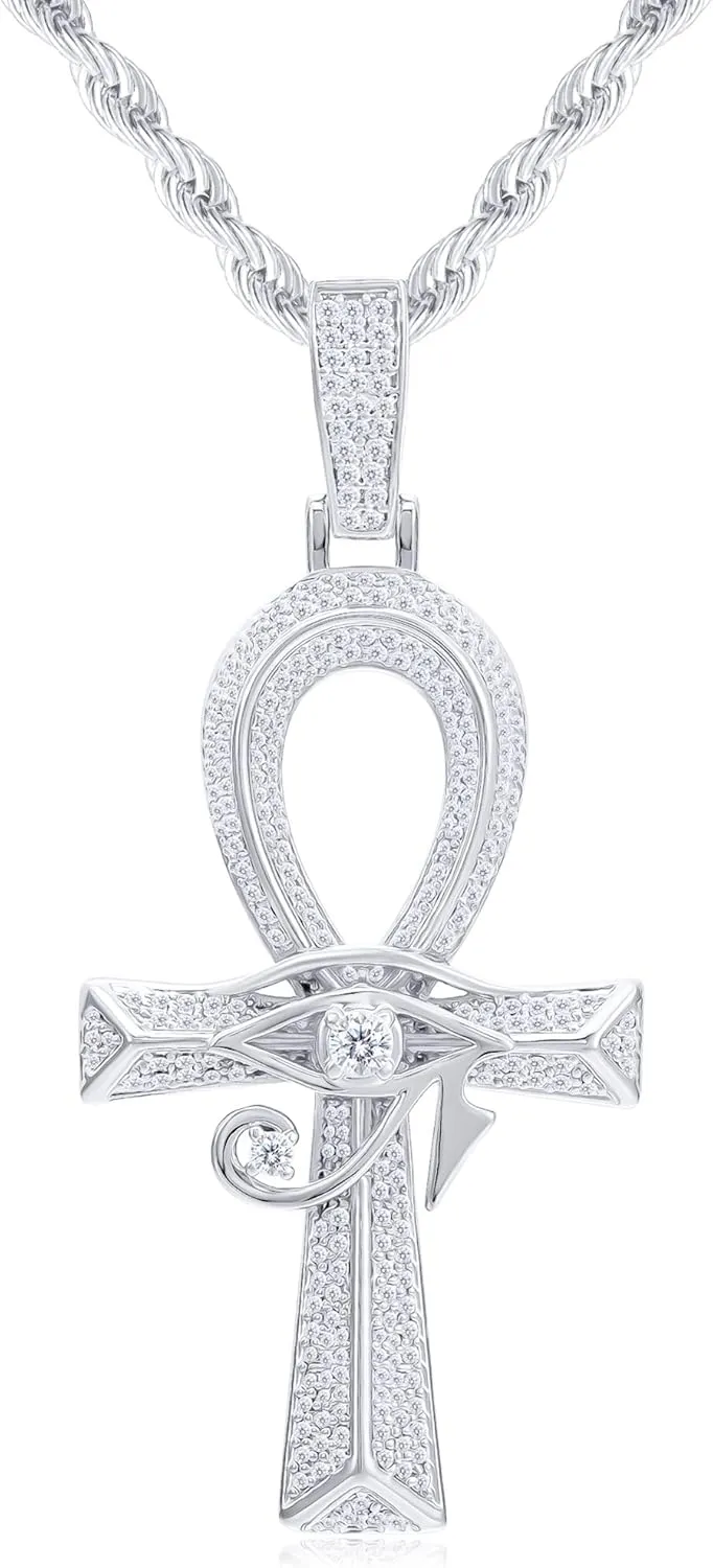 Iced Out Eye of Horus Ankh Cross Pendant Ancient Egyptian Necklace Chain 14K Gold White Gold Plated Protection Jewelry for Men Women with Stainless Rope Chain