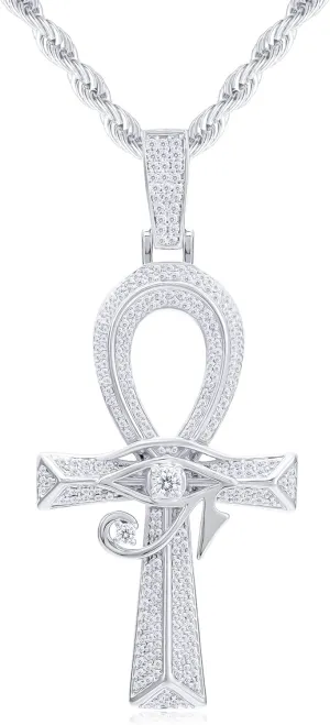 Iced Out Eye of Horus Ankh Cross Pendant Ancient Egyptian Necklace Chain 14K Gold White Gold Plated Protection Jewelry for Men Women with Stainless Rope Chain