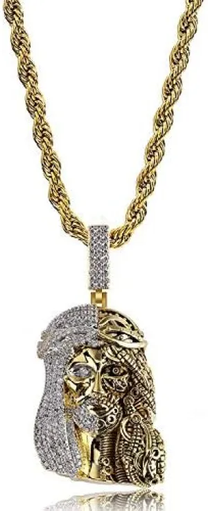 Iced Out Necklace for Men - Jesus Pendant Jesus Hip Hop Pendant - Copper 18K Plated Gold Inlaid Zircon with 23.6in Rope Chain Hip Hop Rapper Jewelry Giftting for Men