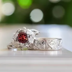 icedout 2 Ct Round Cut Ruby Diamond Couple Matching Rings Set Ivy leaves Unique Design Leafy Natural Inspired Filigree Band Proposal Ring 14K White Gold Plated 925 Sterling Silver Handmade Jewelry