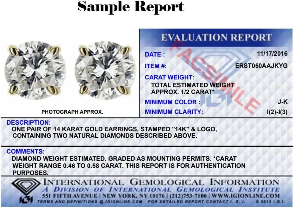 IGI Certified 1/2ct TW Round Real Diamond Stud Earrings for Women in 14K White Gold or Yellow Gold with Screw Backs