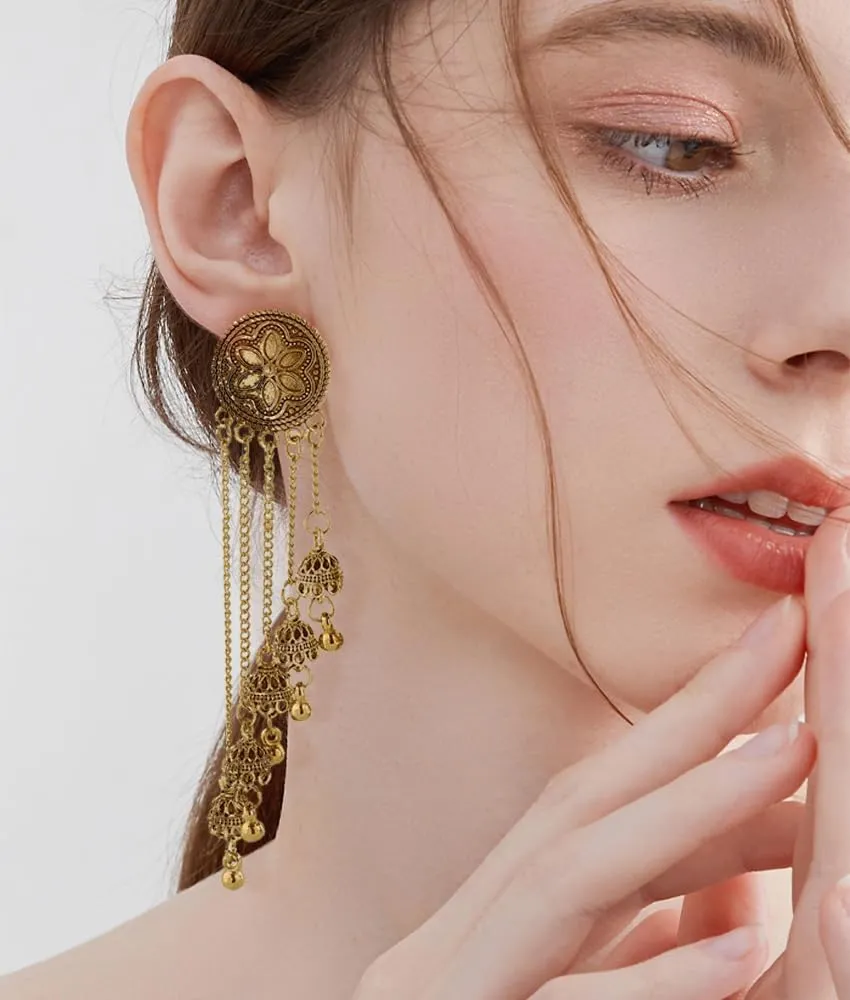 Indian Earring for Women Boho Vintage Layered Jhumka Jhumki Tassel Dangle Statement Chandelier Earrings Fashion Long Tassel Bell Drop Traditional Ethnic Gypsy Bohemian Bollywood Jewelry