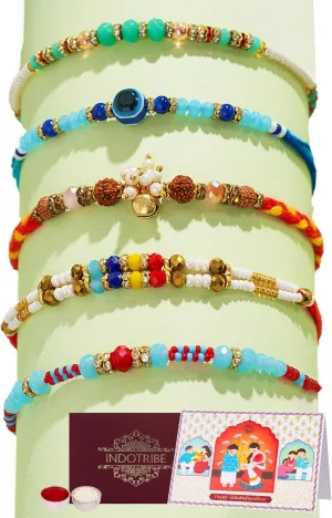 IndoTribe, Rakhi For Brother with Gift Set - Set of 5, Rakhi For Brother with Card, Roli Chawal | Rakhi for Brother and Bhabhi | Rakhi Hamper For Brother | Bhaiya Bhabhi Rakhi | Raksha Bandhan Rakhi