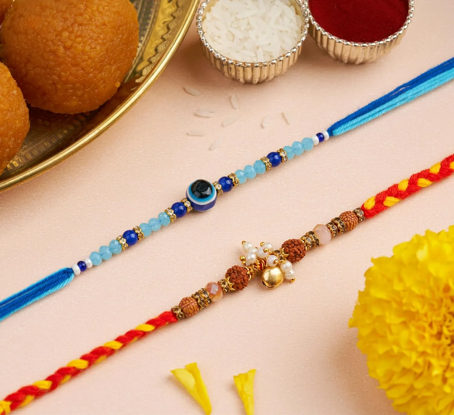 IndoTribe, Rakhi For Brother with Gift Set - Set of 5, Rakhi For Brother with Card, Roli Chawal | Rakhi for Brother and Bhabhi | Rakhi Hamper For Brother | Bhaiya Bhabhi Rakhi | Raksha Bandhan Rakhi
