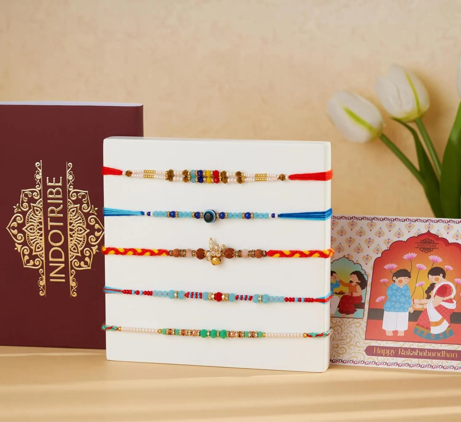 IndoTribe, Rakhi For Brother with Gift Set - Set of 5, Rakhi For Brother with Card, Roli Chawal | Rakhi for Brother and Bhabhi | Rakhi Hamper For Brother | Bhaiya Bhabhi Rakhi | Raksha Bandhan Rakhi