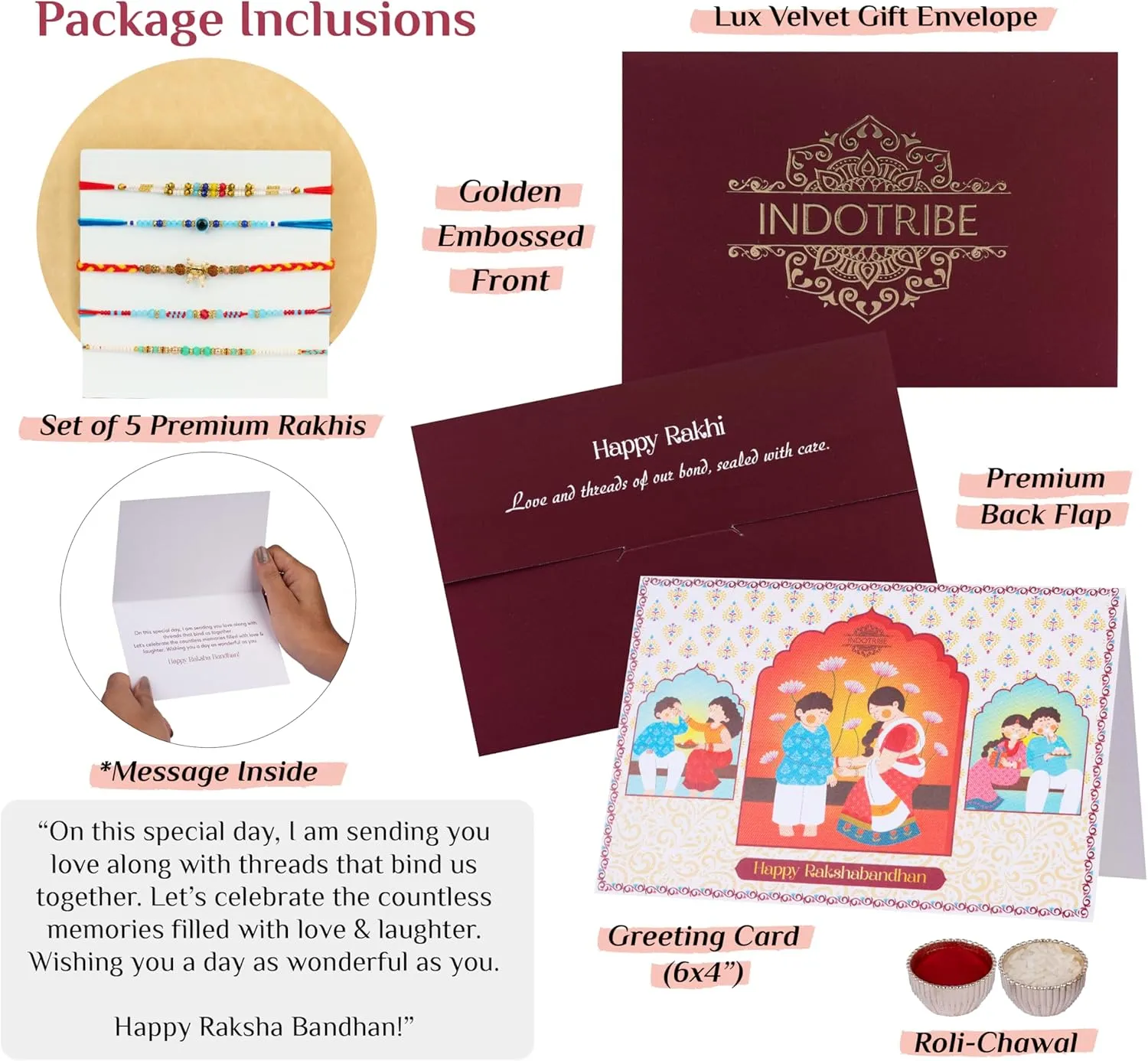 IndoTribe, Rakhi For Brother with Gift Set - Set of 5, Rakhi For Brother with Card, Roli Chawal | Rakhi for Brother and Bhabhi | Rakhi Hamper For Brother | Bhaiya Bhabhi Rakhi | Raksha Bandhan Rakhi