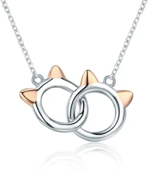 Infinity Love Heart Cat Necklace for Women Girls 925 Sterling Silver Two-Tone Hollow out Mother and Daughter Kitten Ear Pendant Choker Necklace Double Interlocking Circles Jewelry Cute Delicate