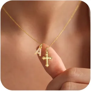 Initial Cross Necklace for Women,Stainless Steel Cross Necklaces, Baptism/First Communion Gifts, Christian Gifts for Women Teens
