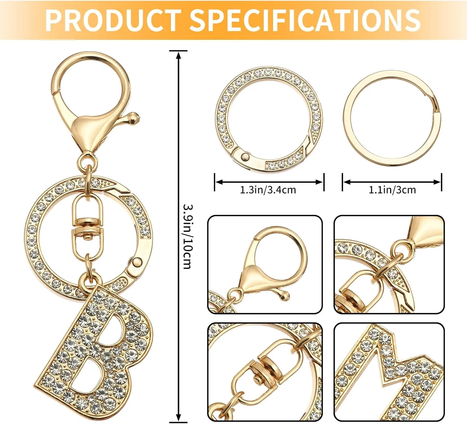 Initial Letter A-Z Keychains Women Crystal Alphabet Keychain with Keyring Rhinestone Spring O Ring for Purse Handbag
