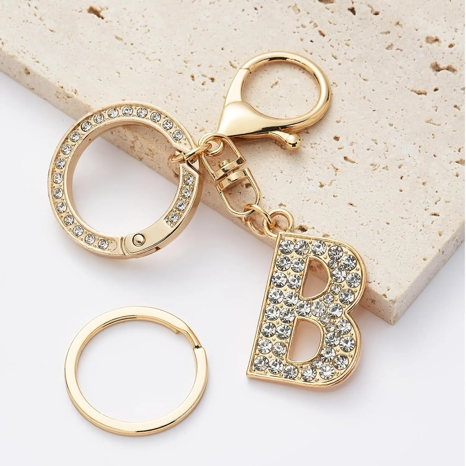 Initial Letter A-Z Keychains Women Crystal Alphabet Keychain with Keyring Rhinestone Spring O Ring for Purse Handbag