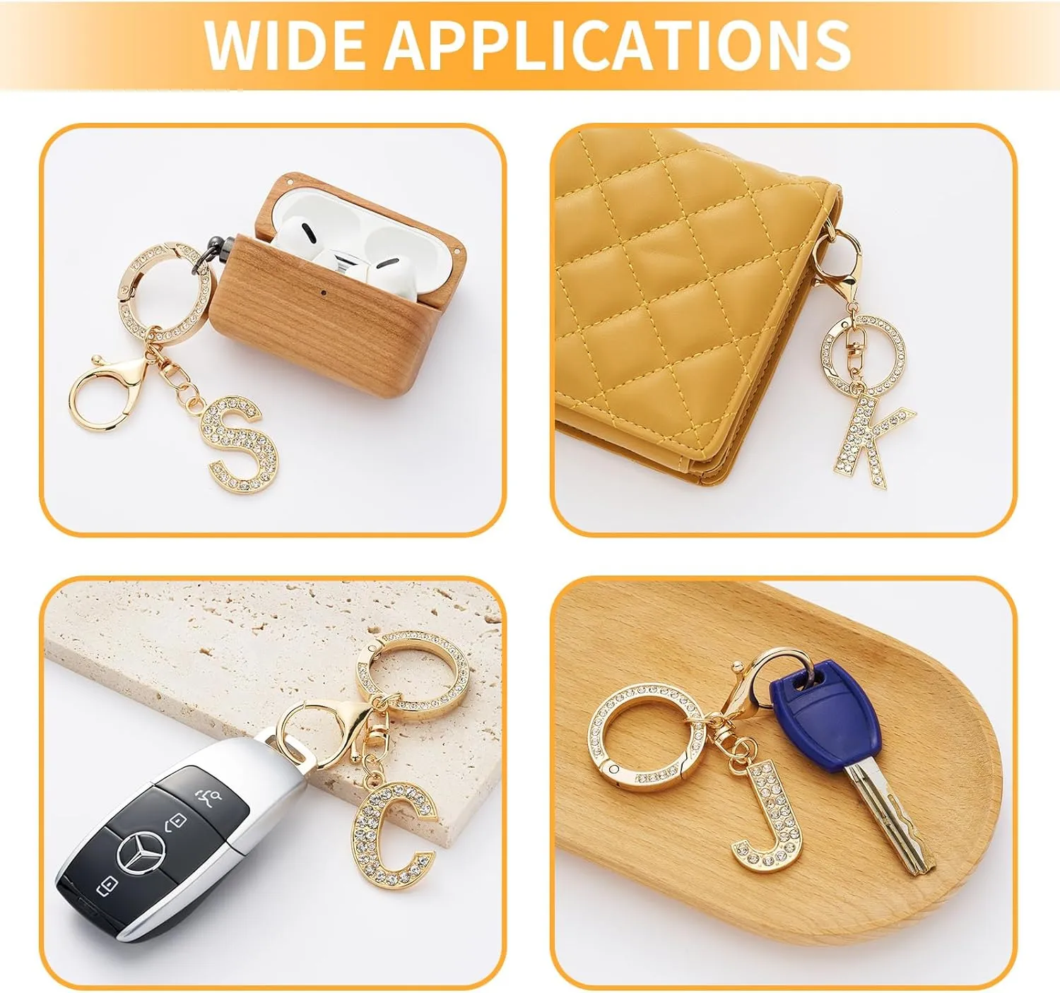 Initial Letter A-Z Keychains Women Crystal Alphabet Keychain with Keyring Rhinestone Spring O Ring for Purse Handbag