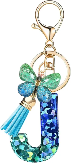 Initial Letter Keychains with Butterfly Tassel, Blue Alphabet Key Chains Pendant Key Ring for Wallet Backpacks Bag Handbags