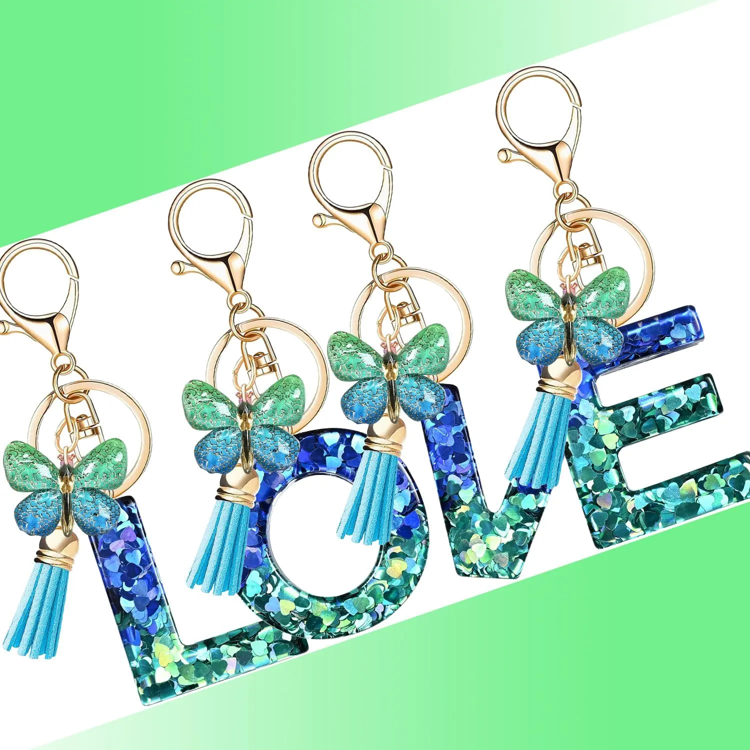 Initial Letter Keychains with Butterfly Tassel, Blue Alphabet Key Chains Pendant Key Ring for Wallet Backpacks Bag Handbags