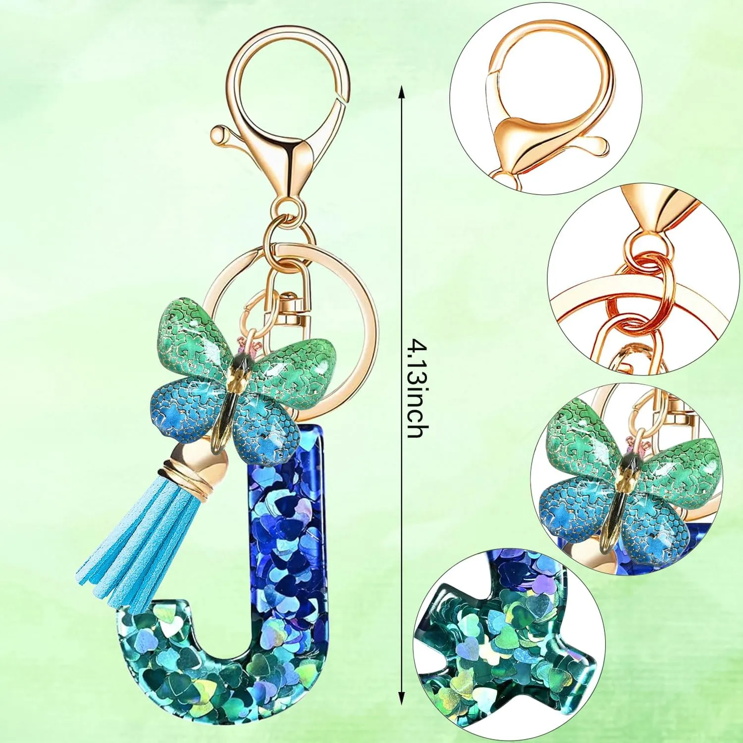 Initial Letter Keychains with Butterfly Tassel, Blue Alphabet Key Chains Pendant Key Ring for Wallet Backpacks Bag Handbags
