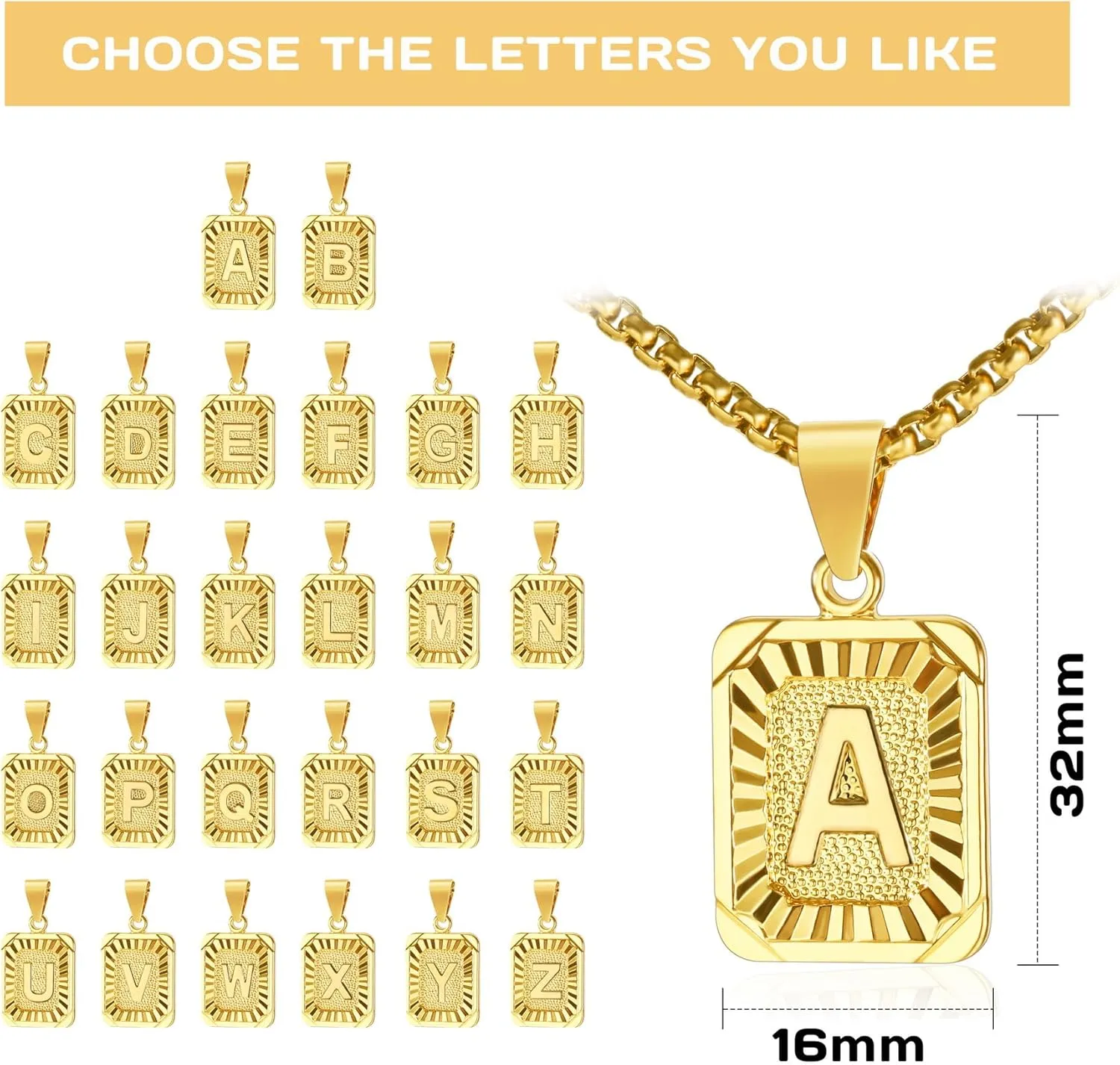 Initial Letter Pendant Necklace for Men Women Square Pendant Capital Monogram Necklace Gold Plated A-Z Letter Pendant Necklace 22-inch Gold Initial Necklace