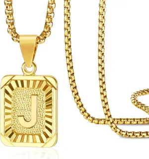 Initial Letter Pendant Necklace for Men Women Square Pendant Capital Monogram Necklace Gold Plated A-Z Letter Pendant Necklace 22-inch Gold Initial Necklace