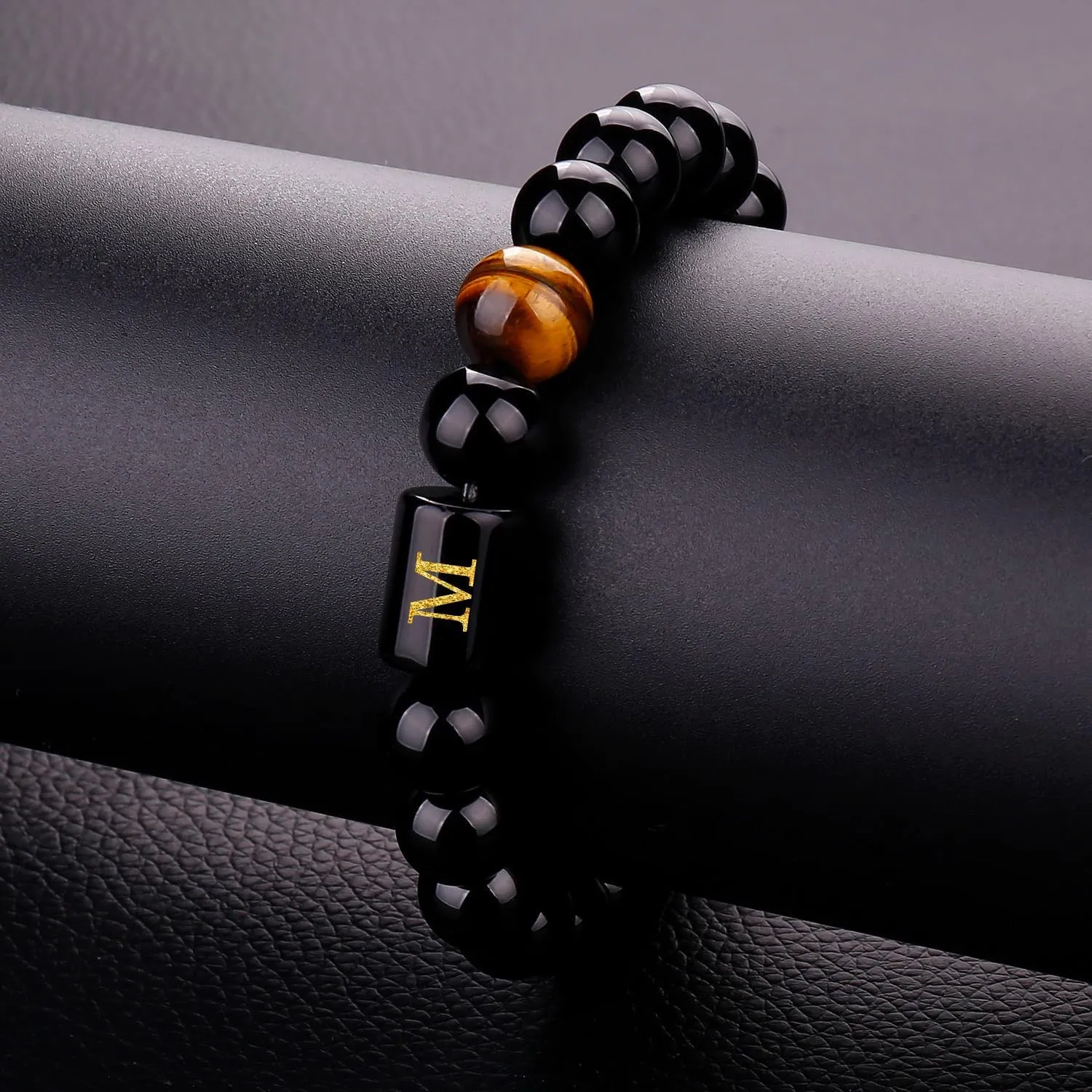 Initials Bracelets for Men Letters Bracelet Natural Tiger Eye Black Onyx Beaded Bracelet Handmade Jewelry Gift for Men