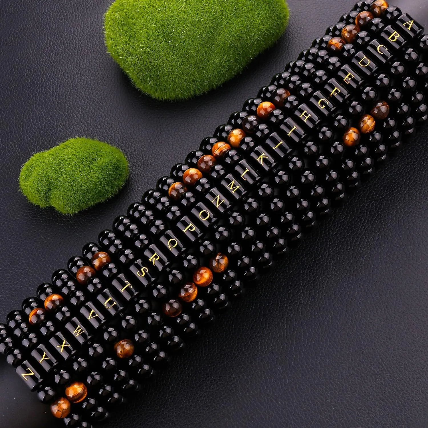 Initials Bracelets for Men Letters Bracelet Natural Tiger Eye Black Onyx Beaded Bracelet Handmade Jewelry Gift for Men