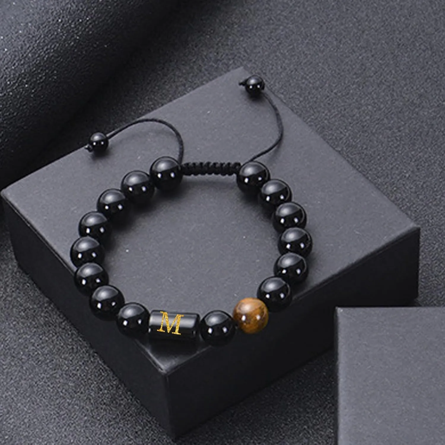 Initials Bracelets for Men Letters Bracelet Natural Tiger Eye Black Onyx Beaded Bracelet Handmade Jewelry Gift for Men