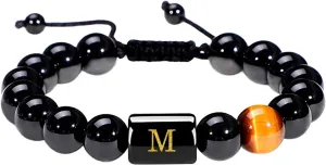 Initials Bracelets for Men Letters Bracelet Natural Tiger Eye Black Onyx Beaded Bracelet Handmade Jewelry Gift for Men