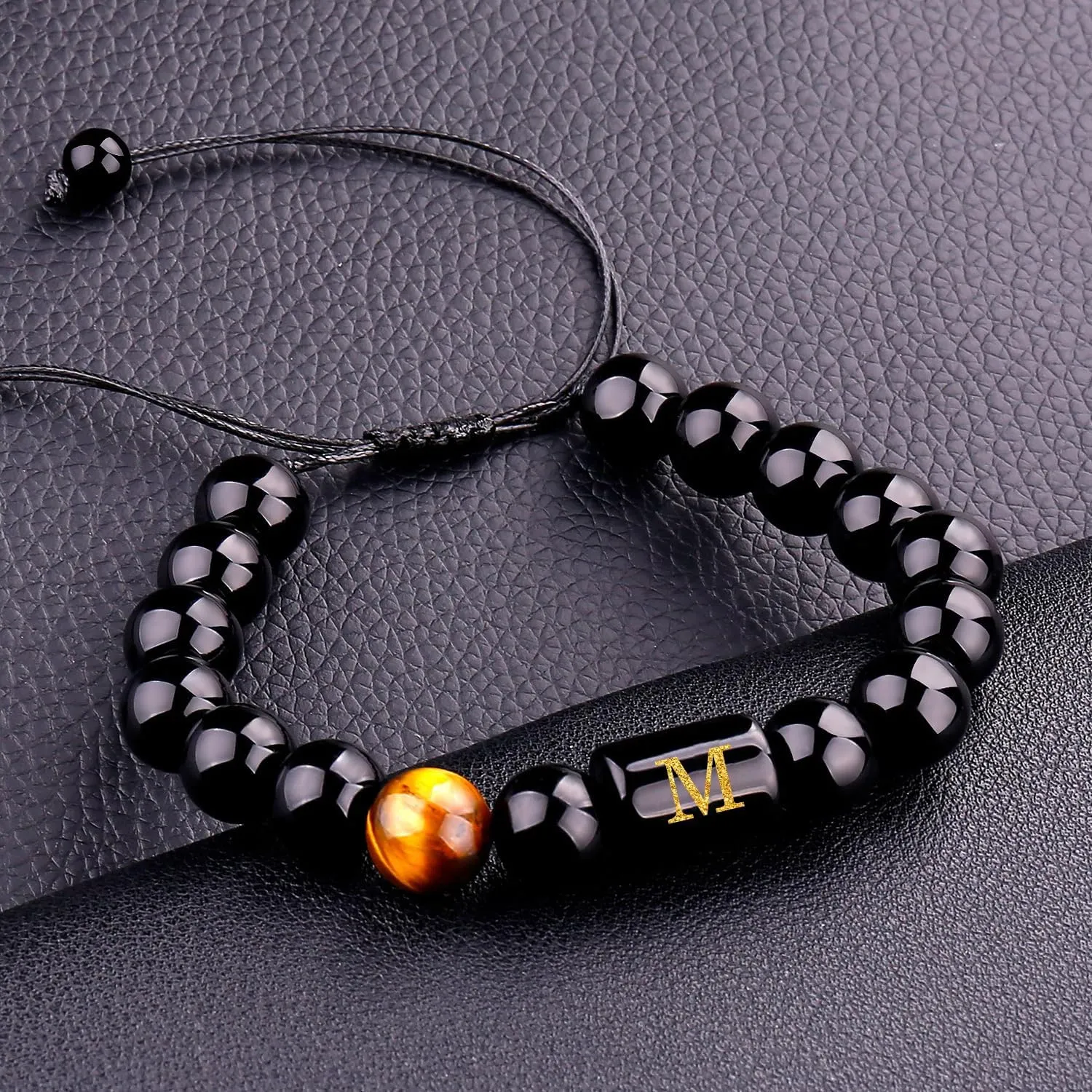 Initials Bracelets for Men Letters Bracelet Natural Tiger Eye Black Onyx Beaded Bracelet Handmade Jewelry Gift for Men