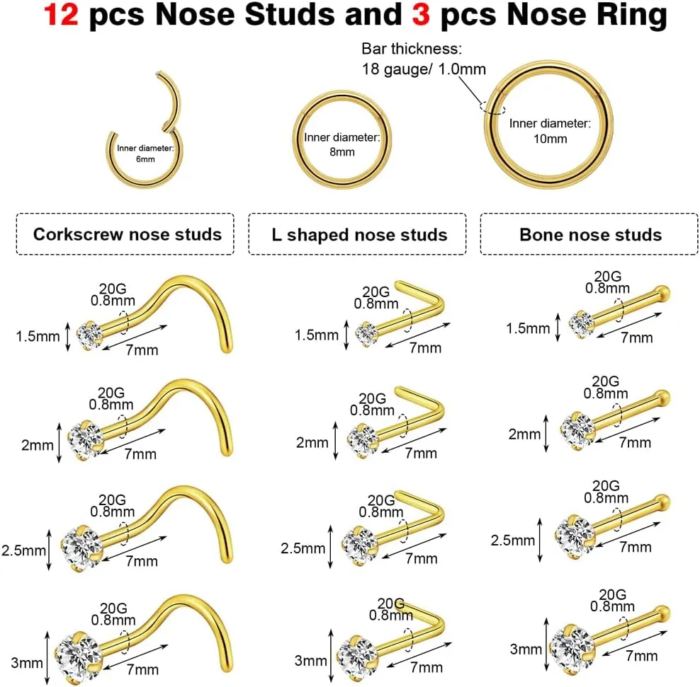 intera Hypoallergenic 20G 18G Nose Rings Stud for Women Men Surgical Steel Nose Piercing Jewelry Gold Silver Rose Gold Nose Earrings