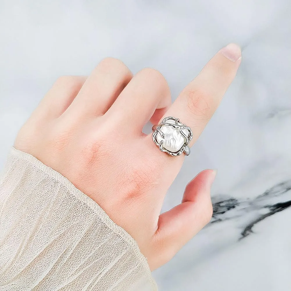 Irregular Pearl Ladies Ring for Woman S925 Baroque Pearl Ring Adjustable Open Fashion Statement Ring Suitable for Woman Daily Birthday Anniversary Wedding Valentine's Day Gift